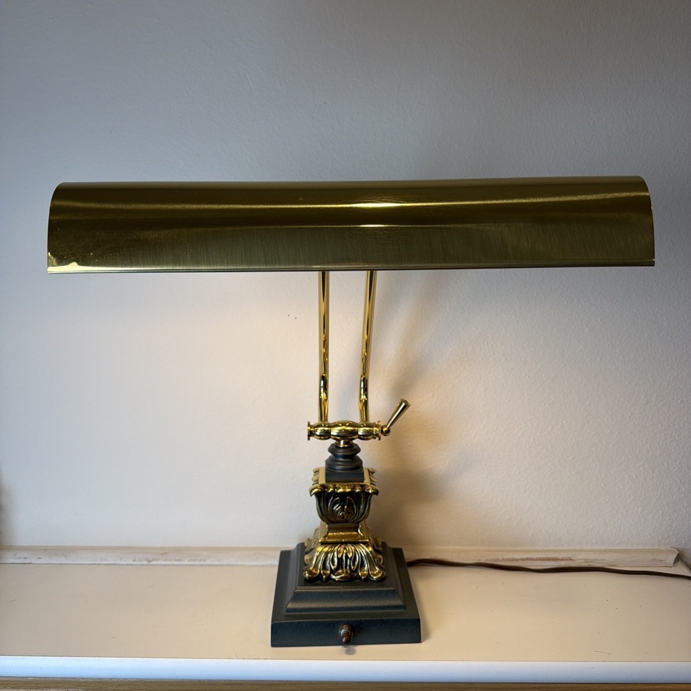 House of Troy Desk Piano Ornate‎ Brass Lamp Heavy Green Base Rare 14"